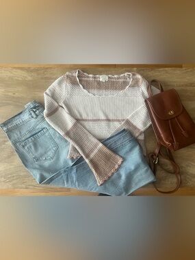 Hippie Rose Open-Knit Crewneck Sweater in Cream and Blush